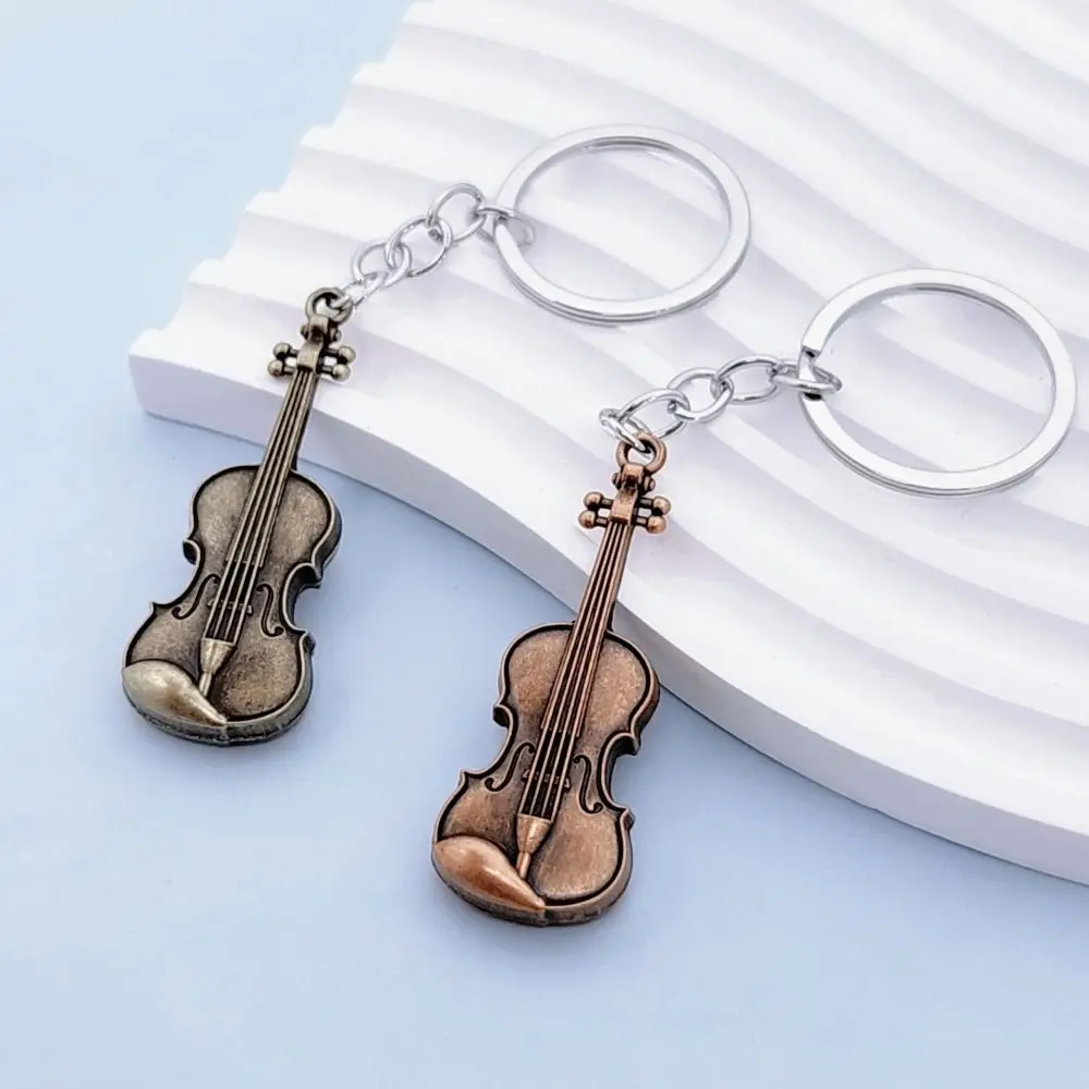 Copper Bronze Violin Key Chain Classical Cello Vintage Violin Keyring Bag Charm Mini Musical Instrument Pendant for Men Women