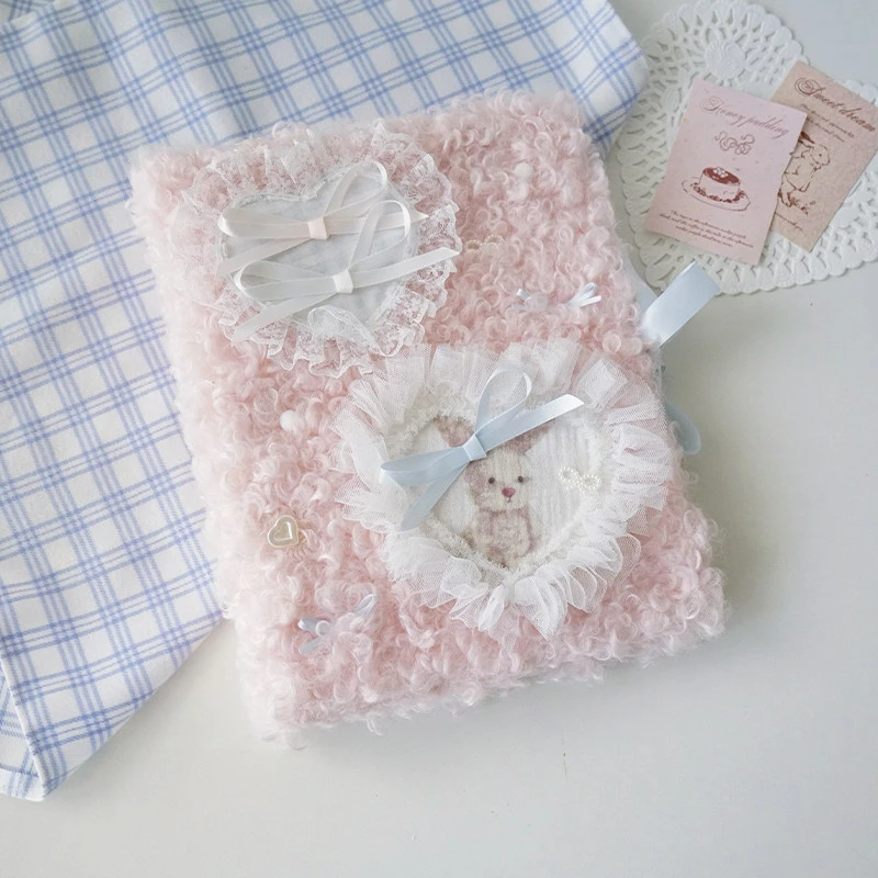 Plush A5 Photocard Binder Kawaii Fluffy 6 Ring Album for Kpop Photo Cards Cute Rabbit Lace Bow Cover Stationery Gift for Girls