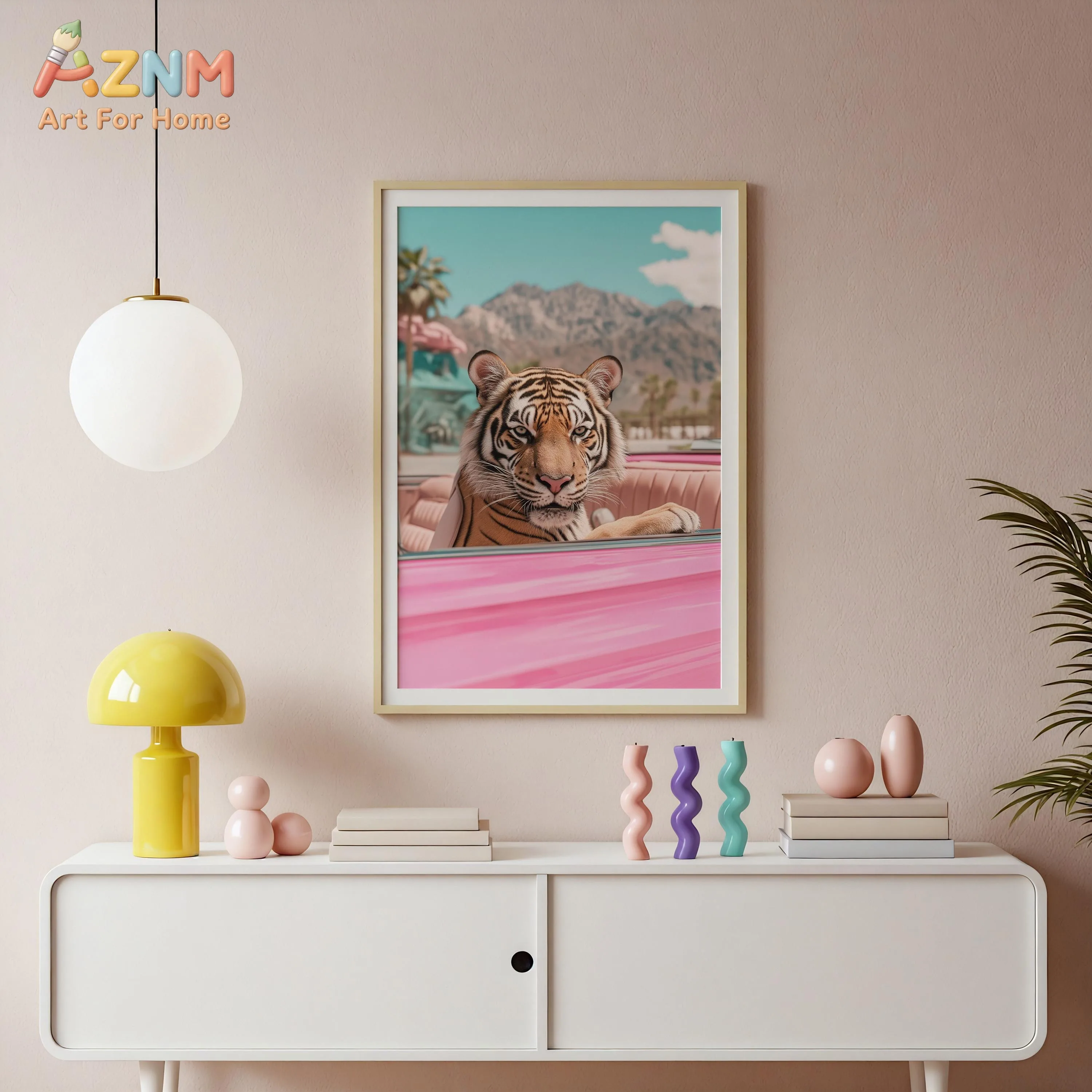 AZNM Pink Pastel Giraffe Tiger Cactus Beach Canvas Wall Art Funny Creative Animal Scenery Unframed Canvas Print Bedroom Aestheti