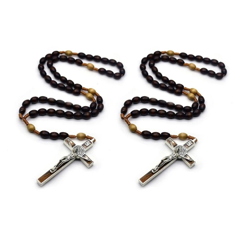 Collares cuentas madera, colgantes Cruz, collares Rosario, cadena cristiana, joyería, envío directo