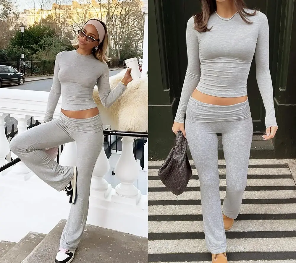 Casual Workout Two Piece Outfits Long Sleeve High Waist Fold-over Flare Flared Leggings Pants Tracksuit Sets Streetwear