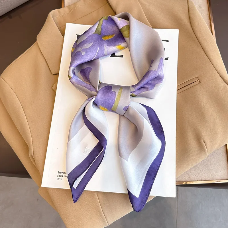 

New Luxury Purple Floral Print Silk Square Scarf Women Soft Headband Hairband Hands Bag Ribbons Foulard Neckerchief Hijab Satin