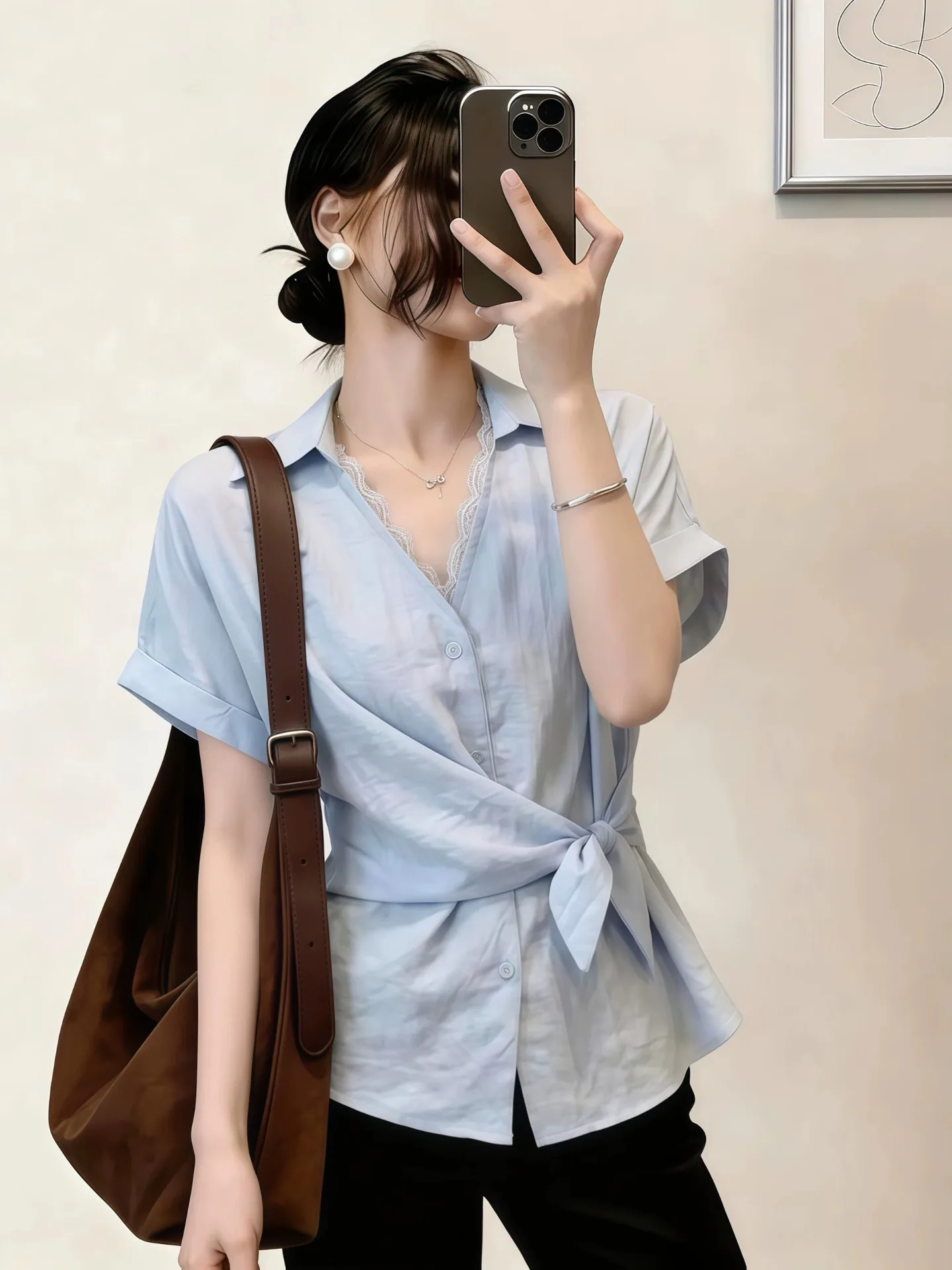 

Light Blue Lace Trim V-Neck Short Sleeve Shirt Women's Summer New Belted Waist Cinch Versatile Top Korean Style Slim Fit Commute