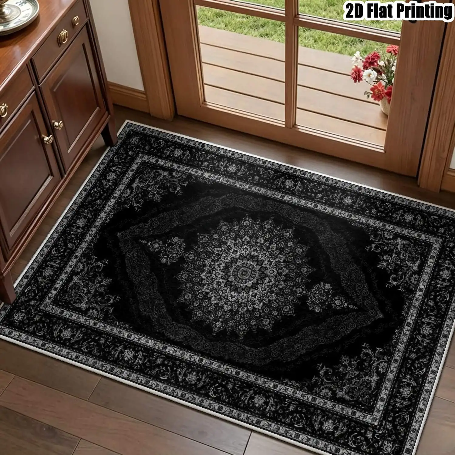1Pc 2D Printed Black White Geometric Flower Velvet Carpet, Vintage Boho European Style, Multi-Size Machine Washable Home Decor Rug for Entrance, Dining, Bedroom, Living Room