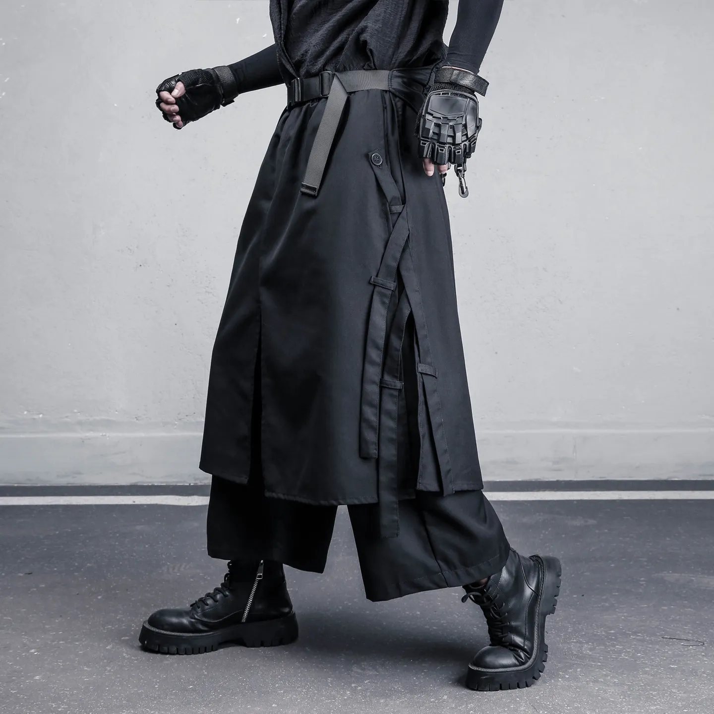 Vertical Cut Double-Layer Design Summer Dark Culottes Men's Wide-Leg Cropped Casual Pants Knedo Trousers