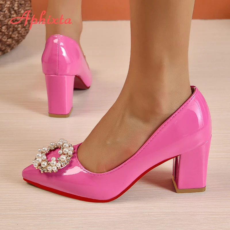Aphixta New 7cm Square Heel Baby Pink Pearl Crystals Buckle Patent Leather Women Pumps Officile Pointed Toe Shoes Big Size 35-53