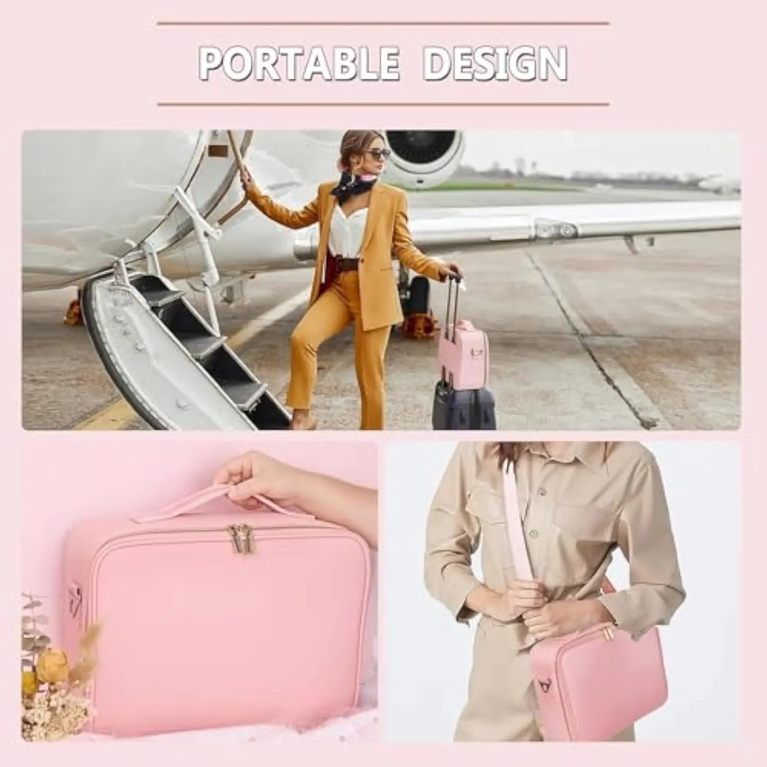 Duża kosmetyczka podróżna z lusterkiem LED dla kobiet, z lusterkiem powiększającym 10x i regulowanymi przegródkami.