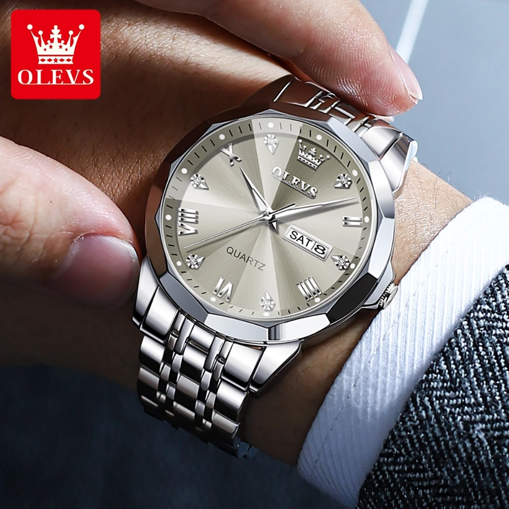 OLEVS-Reloj de cuarzo para hombre, cronógrafo informal, Original, de acero inoxidable, resistente al agua, luminoso, con fecha y semana