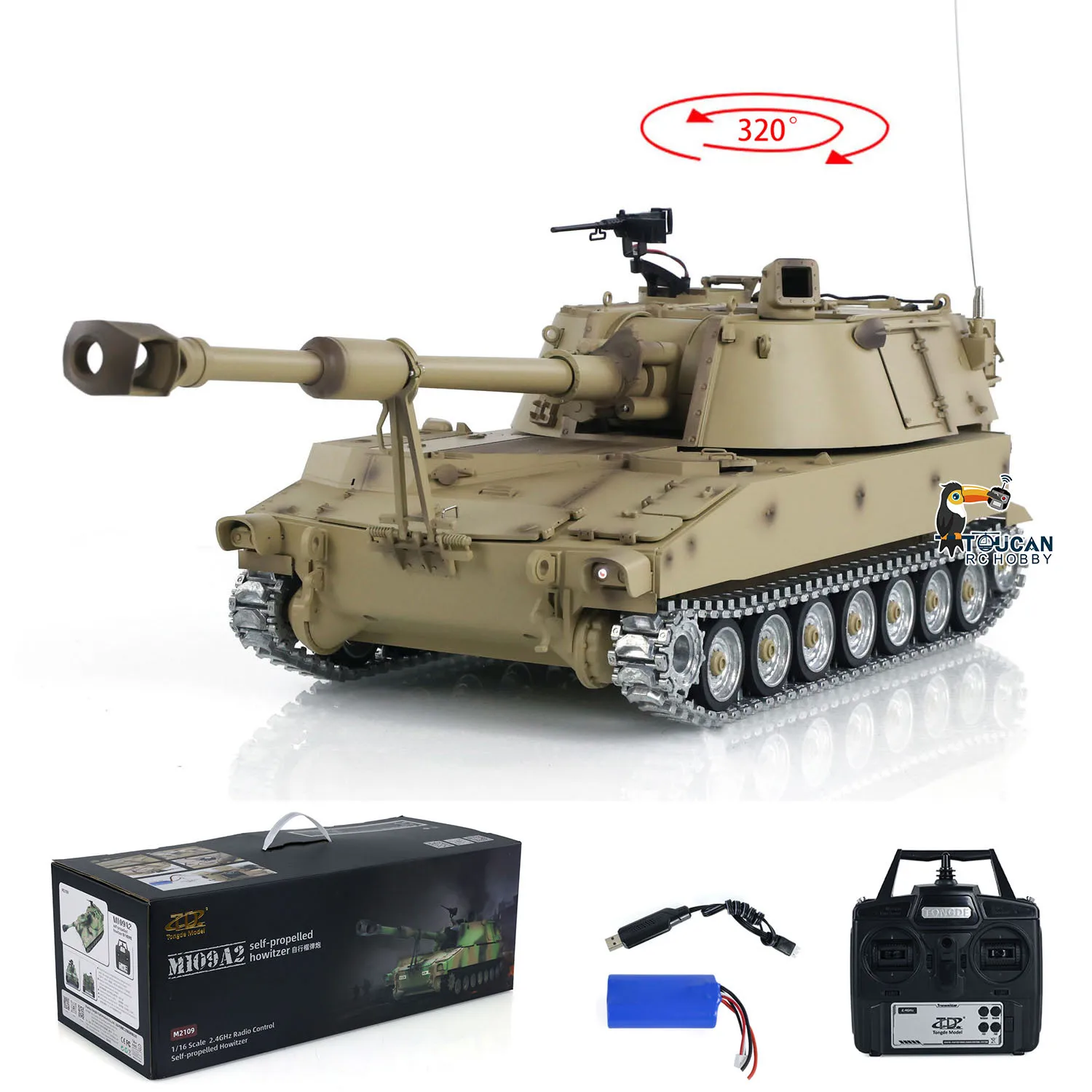 1/16 Scale Tongde M109A2 RTR RC Military Tank Self-propelled Metal Wheels Controlled Panzer Truck BB Vehicle Car for Boy TH24240