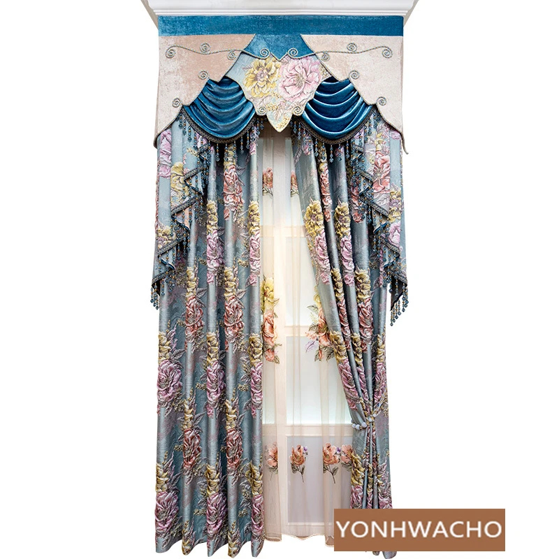 Custom luxury villa thickened shading high precision jacquard blue cloth blackout curtain tulle valance drape C1602