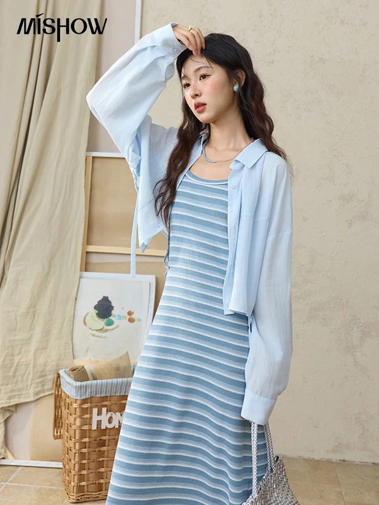 MISHOW Women's Blue Striped Camisole Dress Lyocell Shirt Separately Summer 2025 Lapel Solid Shirt O-neck Strap Dress MXE34L2285