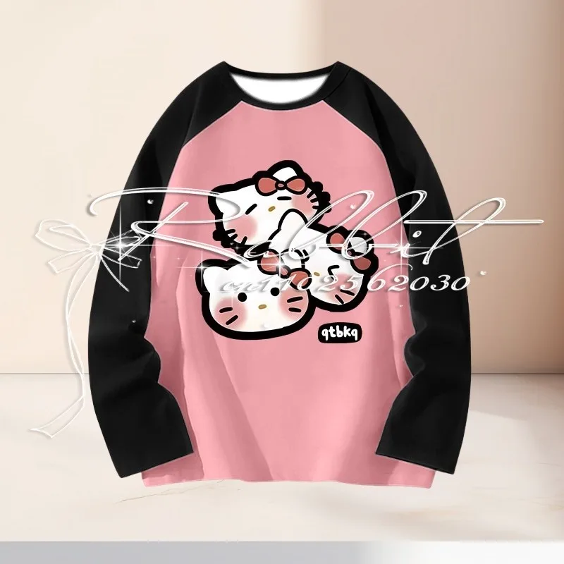 

2025 New Casual Cute Hello Kitty Long Sleeve Shirt for Women Children Parent Child 3D Printed Cartoon Sports Loose T-shirt