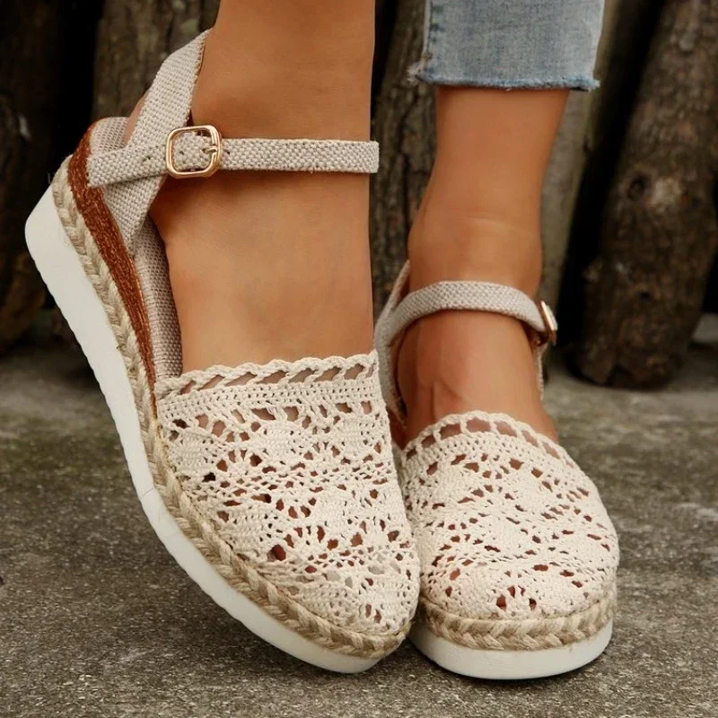 Summer Grass Woven Slope Heel High Heel Lace Sandals Ankle Strap 2024 New Simple and Fashionable Linen Woven Cross Strap