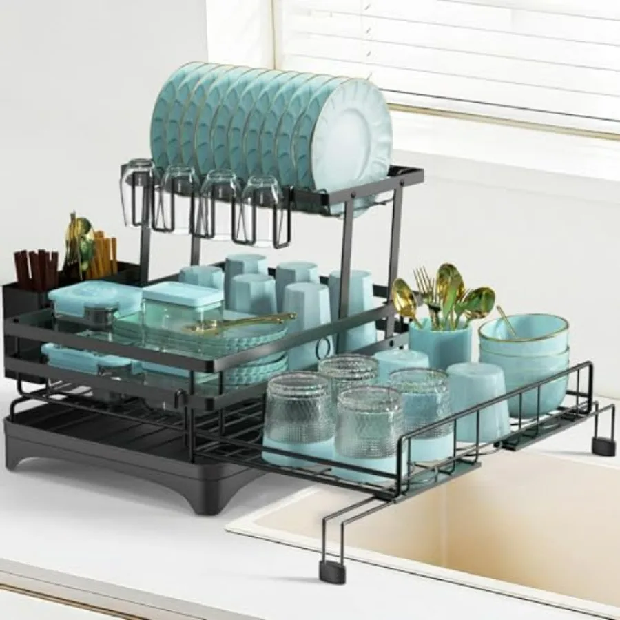 

2 Tier Expandable Dish Drying Rack with Cup and Utensil Holder for Kitchen Counter Anti-Rust Stainless Steel Dish Drainer with