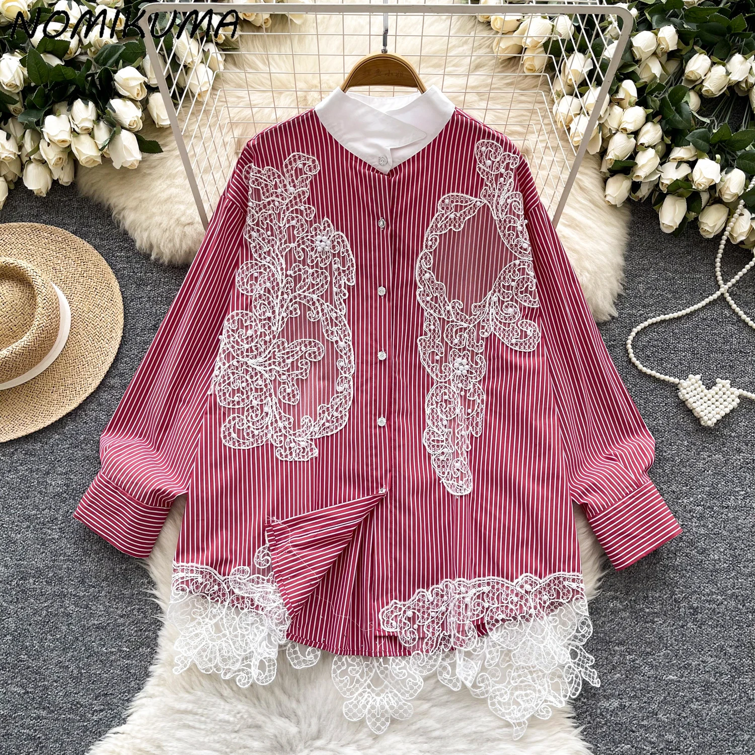 Nomikuma Spring Shirts Women's 2025 New Korean Fashion Nail Bead Lace Splicing Striped Cardigan Top Women's Shirt