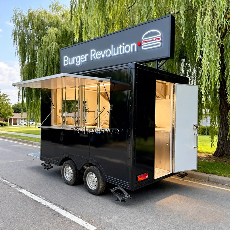 

Уличный коммерческий фудтрак-прицеп для еды, черный, с LED-подсветкой внутри, мобильный, сделано в Китае