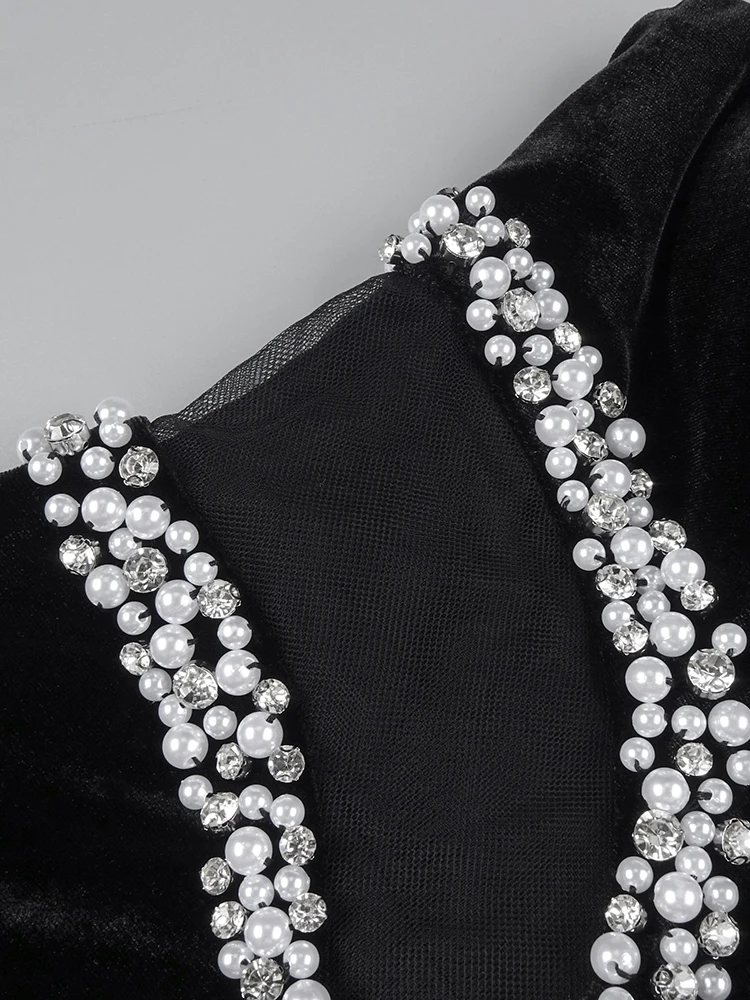 VC nuevo estilo sin mangas negro cristal perla recortado vestido de cuello redondo elegante vestido de verano para la noche de cita