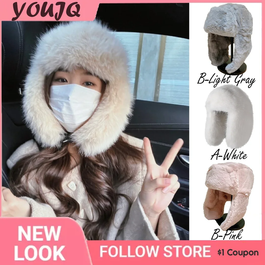 

Russian Women's Winter Thickened Warm Beanie Hats for Ushanka Earflap Pilot Korean Trend Fluffy Bomber Caps Adjustable Gorras