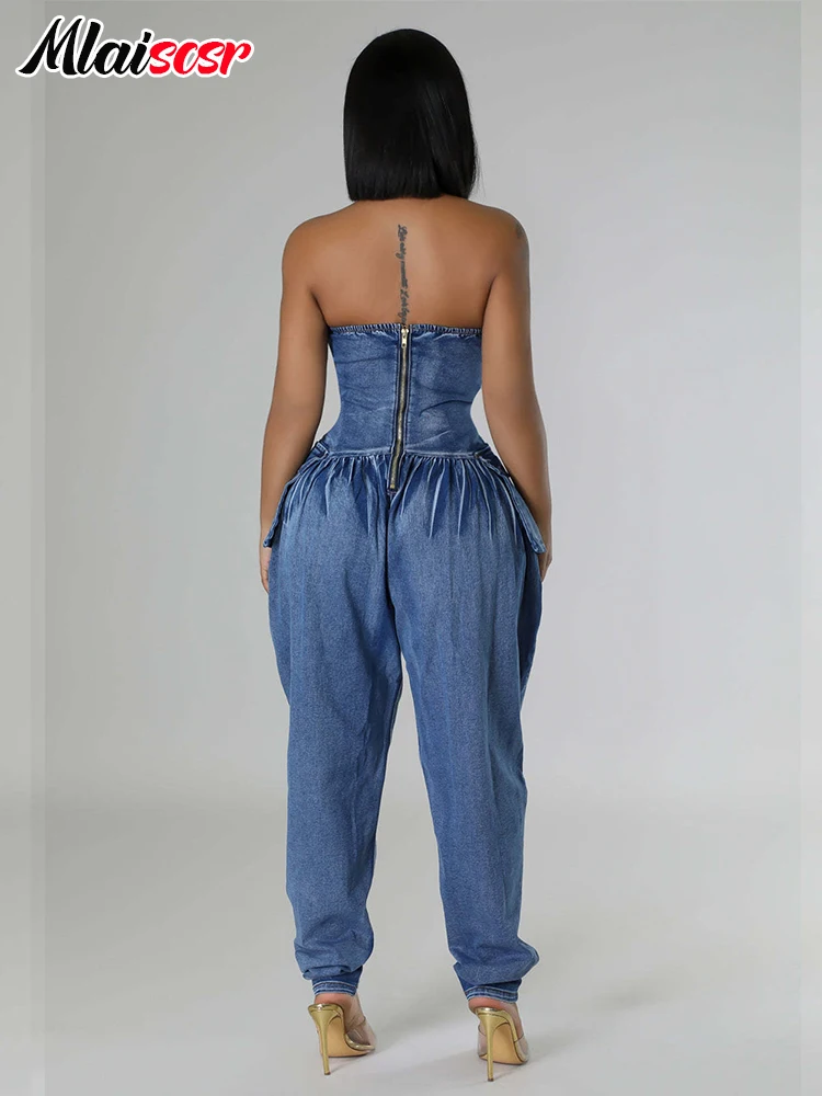 Mlaiscsr Blue Stretch Strapless Sleeveless Pockets Cargo Ruched Washed Denim Jumpsuits Women Oufit One Pieces Rompers Streetwear