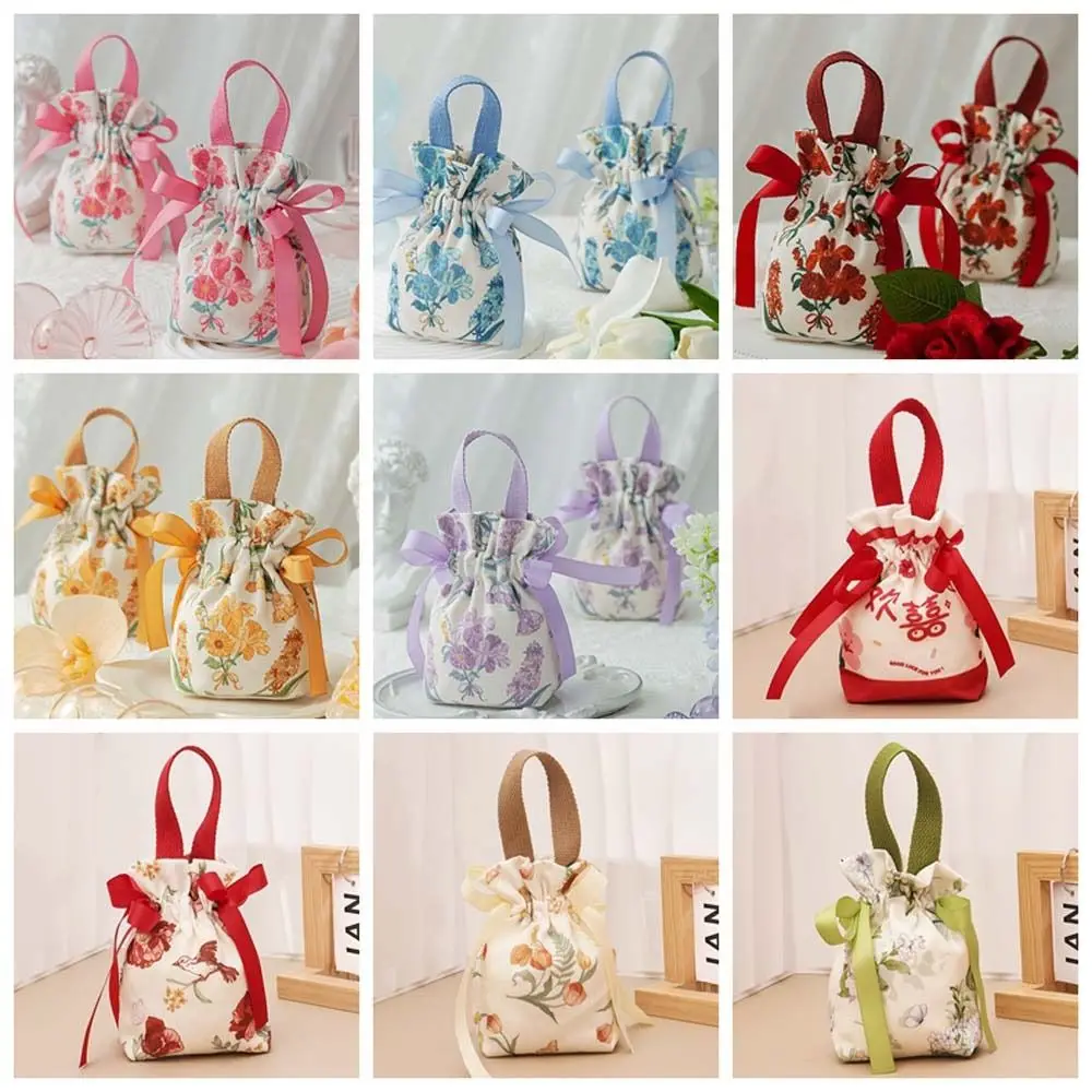 Bird Canvas Drawstring Bag Floral Large Capacity Small Flower Wrist Bag Korean Style Coin Purse Wallet Festive Sugar Bag