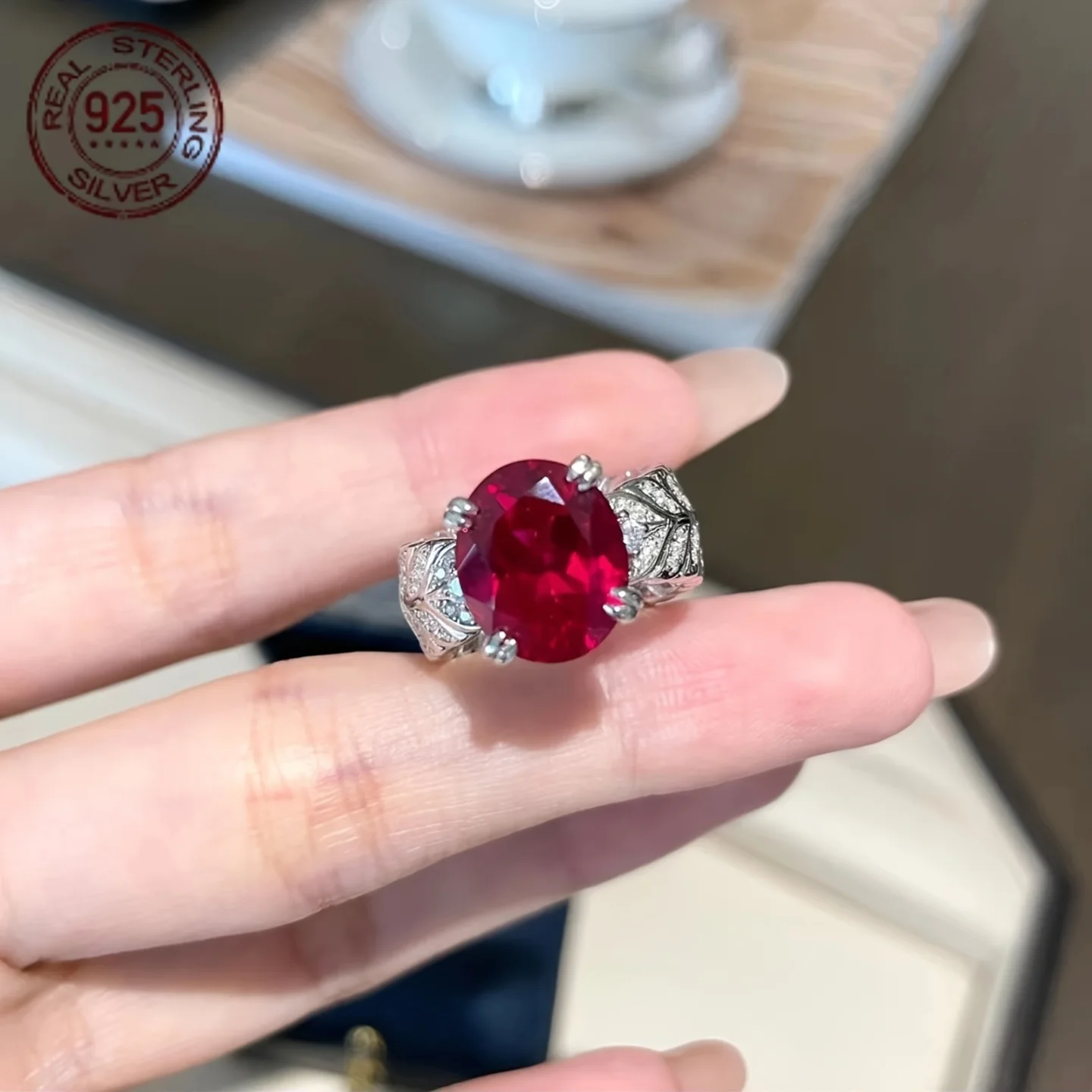 فاخر البيضاوي قطع 9.52CT مختبر روبي مع زركون 925 فضة خواتم للنساء خمر خاتم الزواج غرامة مجوهرات #1