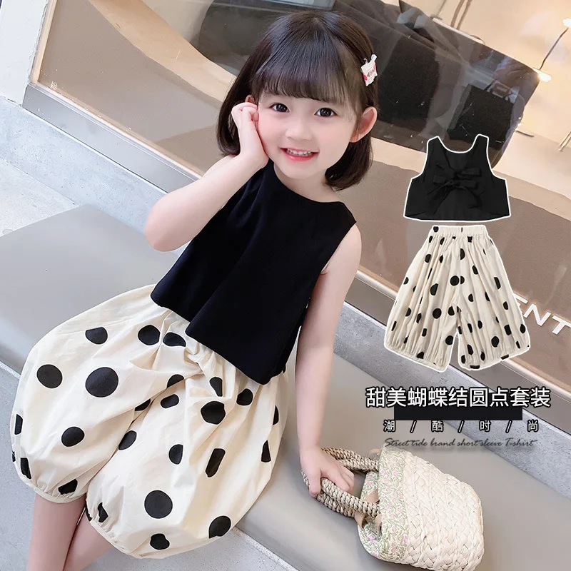 Girls Wide Leg Pants New 2024 Summer Clothing Thin Mosquito Repellent Baby Girl Polka Dot Lantern Pants Set