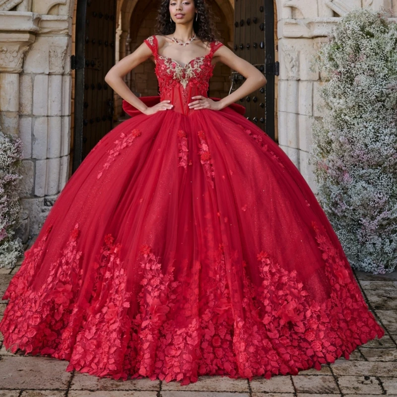 

Красные платья Quinceanera, бальное платье с открытыми плечами, милое платье 16, аппликация, цветок, бисер, кристалл, тюль, платья для дня рождения, вечеринки, 15 де