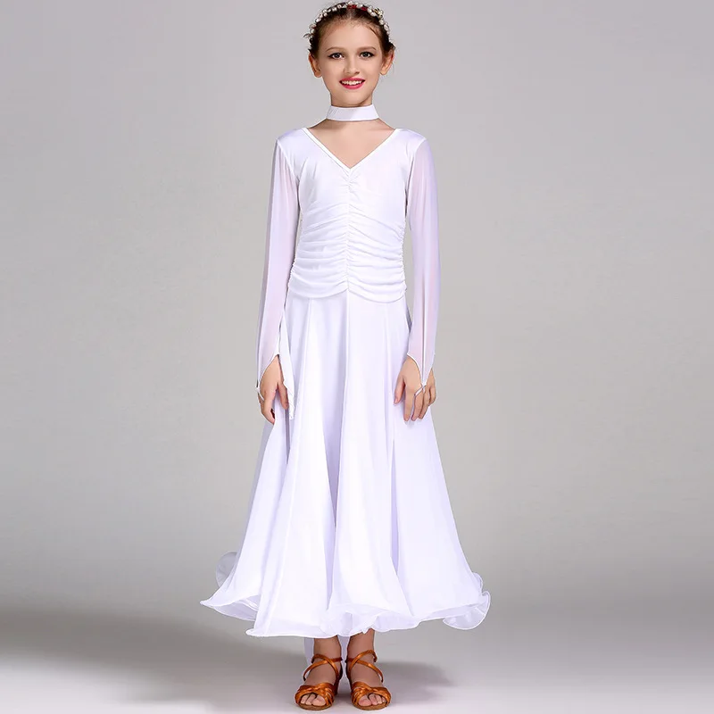 Robe de danse latine pour filles, à manches longues, bouffante, col en V, vêtements modernes