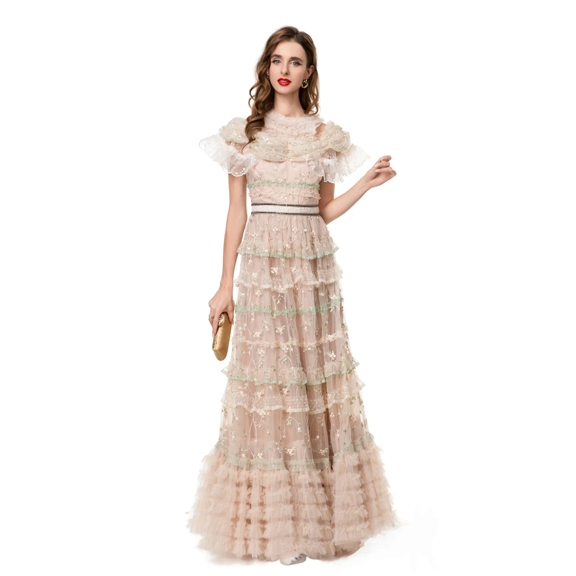 Vestidos femininos o pescoço mangas curtas sexy fora do ombro bordado em camadas babados elegante designer vestido de noite baile tamanho s4x