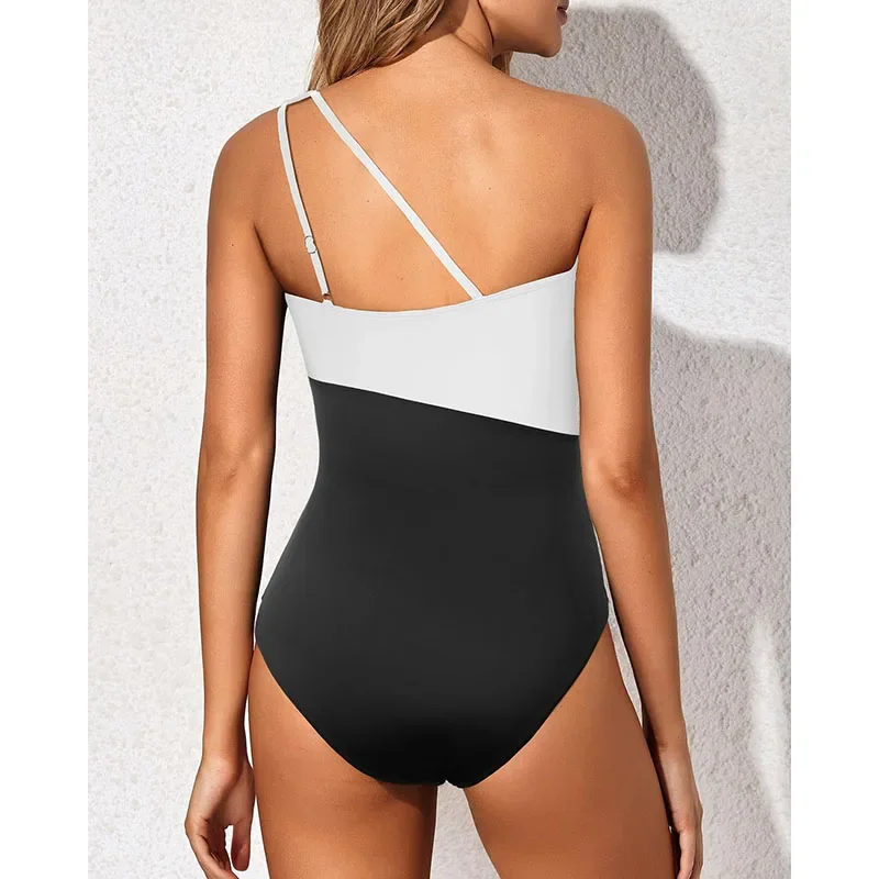 Traje de baño de una pieza con estampado asimétrico de un solo hombro, traje de baño de Bikini de cintura alta para mujer