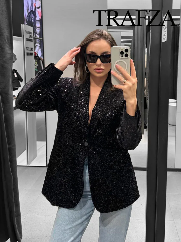 TRAFZA Spring Fashion Women Blazers Solid V-Neck Long Sleeves Pockets Sequins Decorate Single Button Female High Street Coats