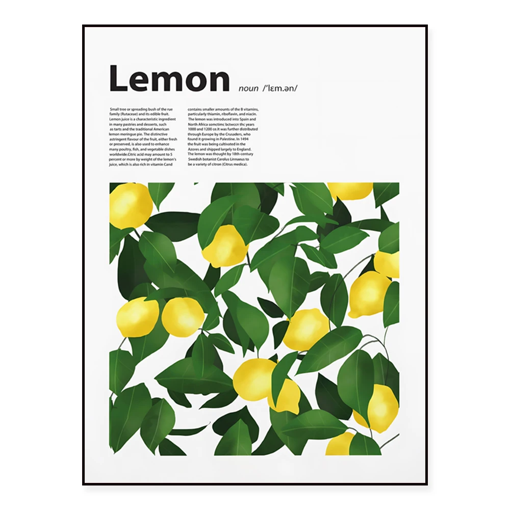 Colorful botanical vegetable print, lemon yellow, botanical garden art, flora urban jungle tropical nature poster decoration