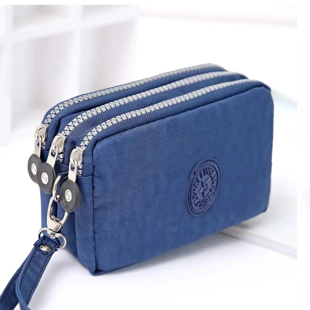 Solid Color Coin Purse Women Small Wallet Wrinkle Fabric Phone Purse Three Zippers Portable Make Up Bag