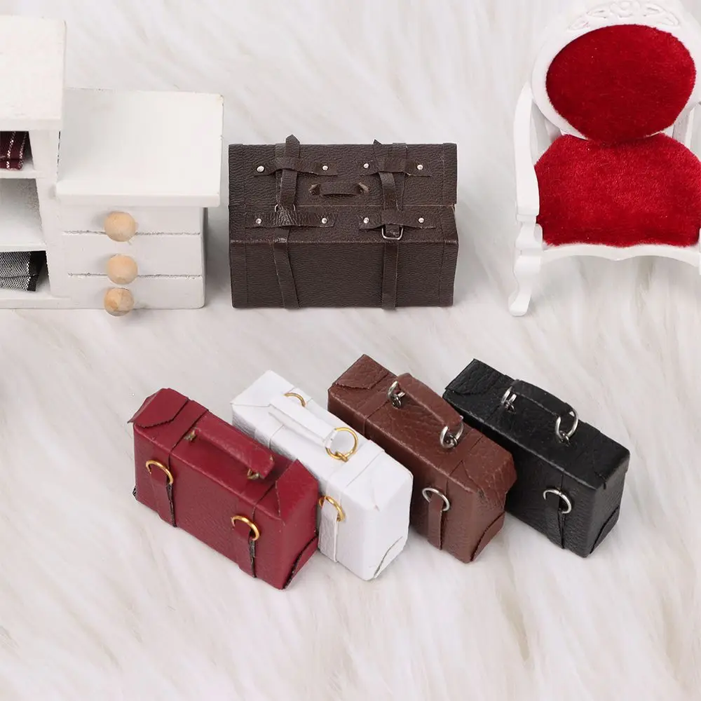 1:12 Scale Doll Leather Luggage Miniature Portable Trunk Mini Suitcase Vintage Wood Box Dolls Accessories