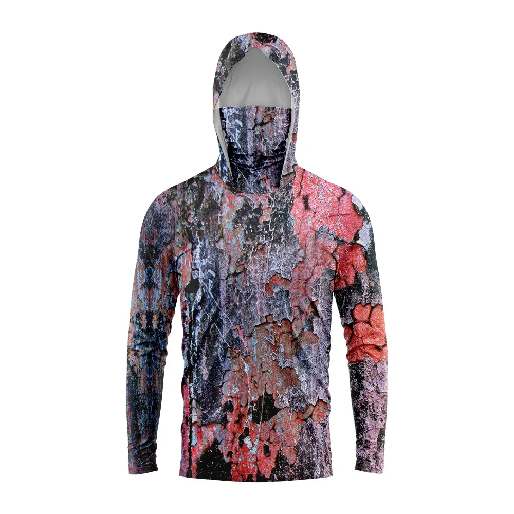 Vintage Brown Hexagon Camo Men Fishing Hooded Shirt Built‑in Face Cover UPF50+ Sun Protection Quick‑Dry Long Sleeve Tops image 4