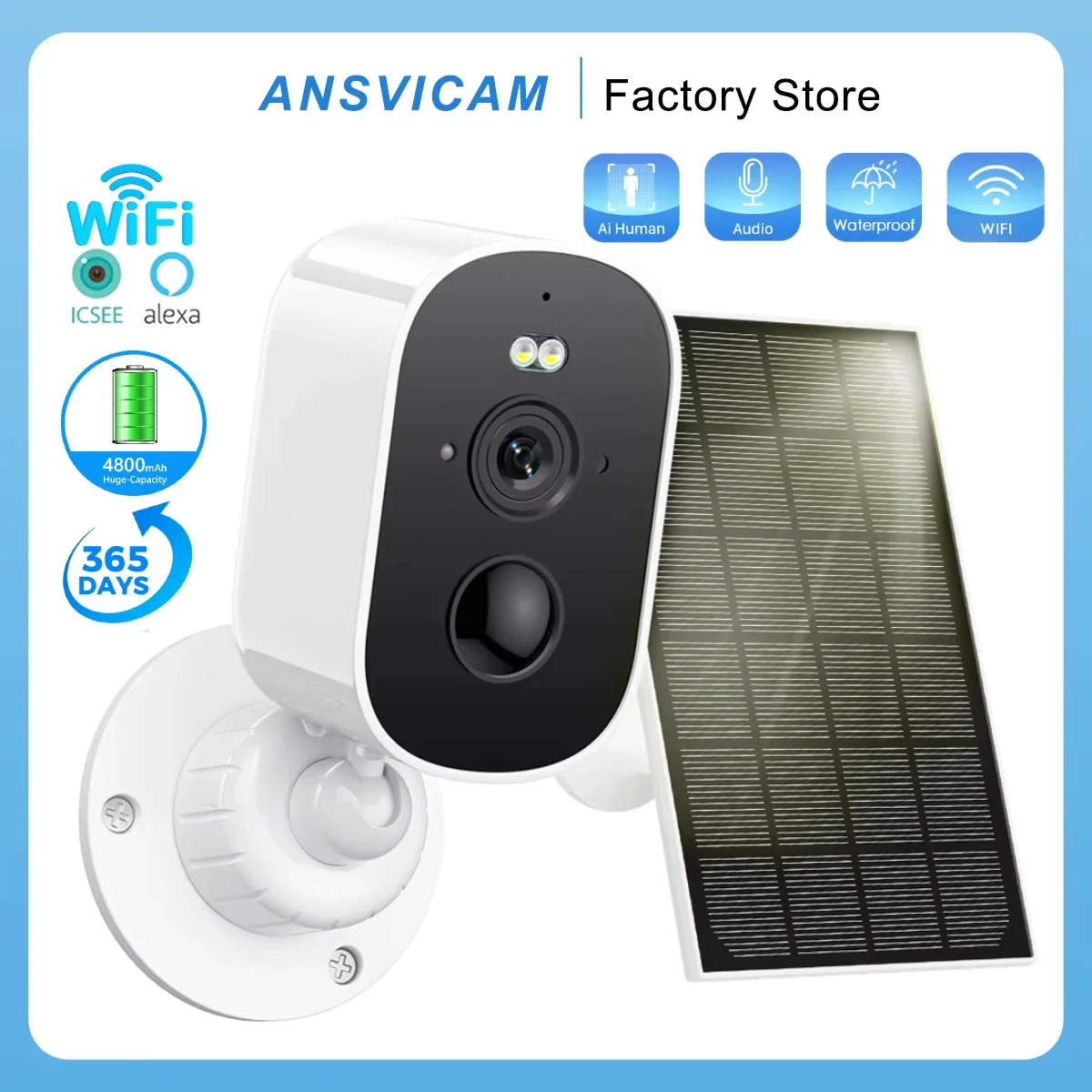 

ANSVICAM Outdoor Wireless Solar WiFi Camera 1080P Full HD with PIR Infrared Body Sensing and Low Power for Security Surveillance