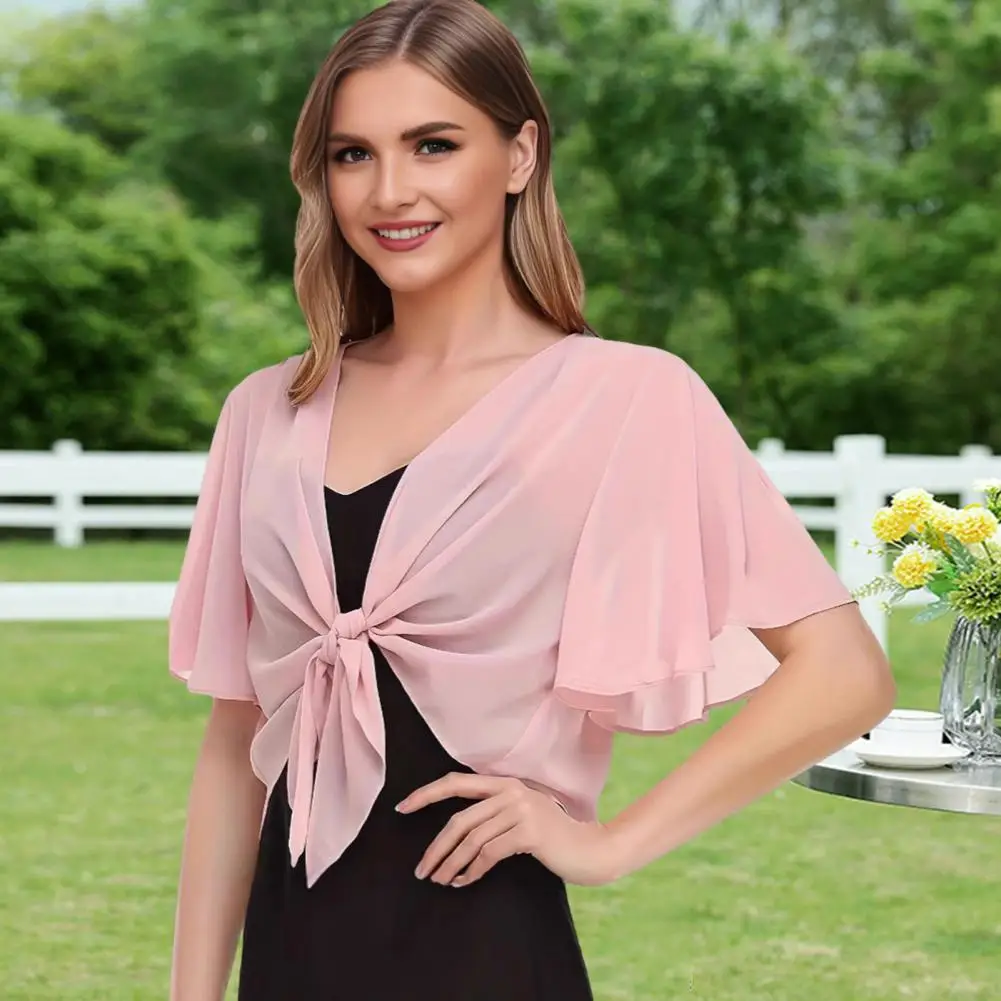 

2025 Europe and the United States new women's blouse solid color short-sleeved cardigan thin chiffon cape tied and tied cape