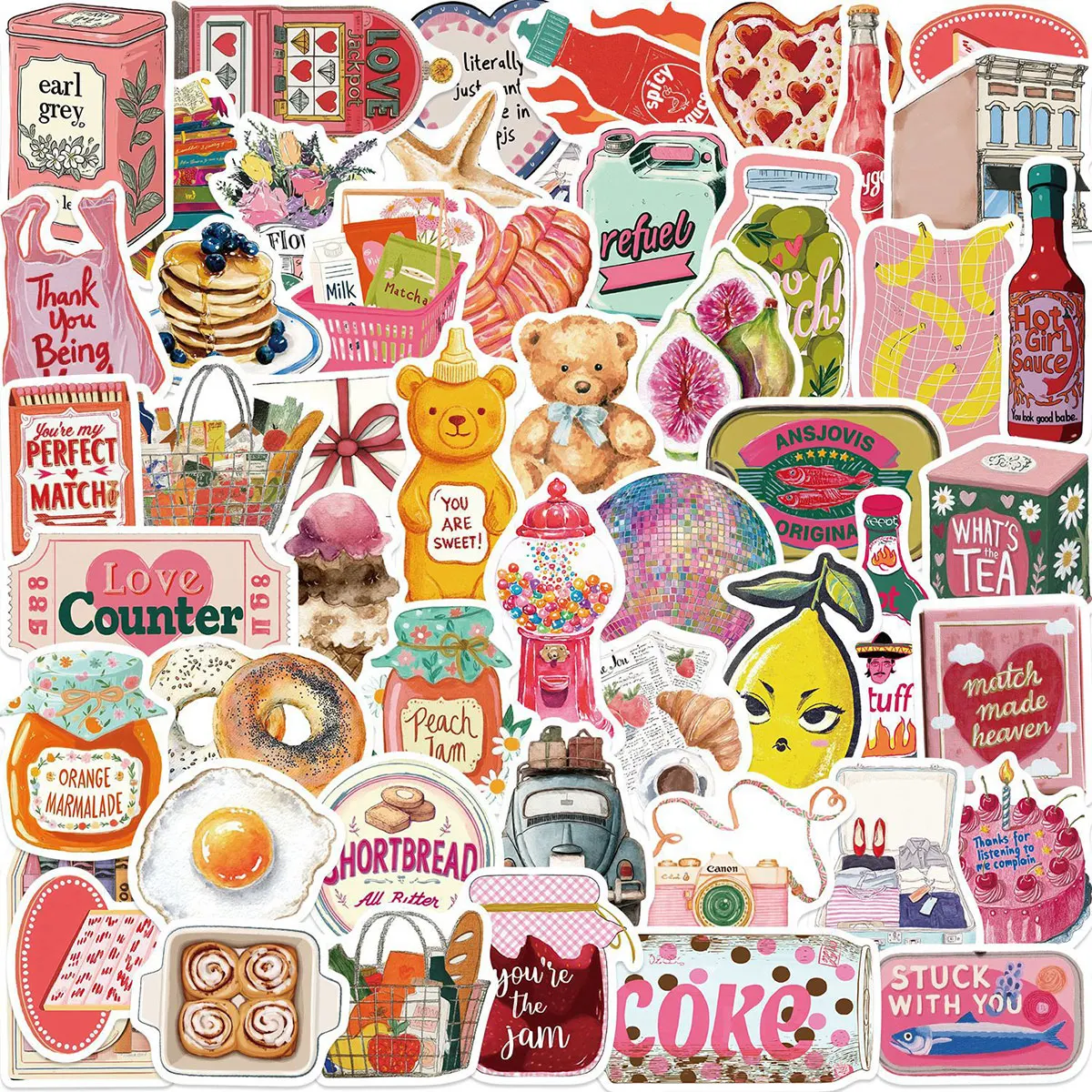 

50 Vintage Healing-Themed Life Stickers with Food, Bear, and Sweet Girl Elements for DIY Journal Decoration Materials