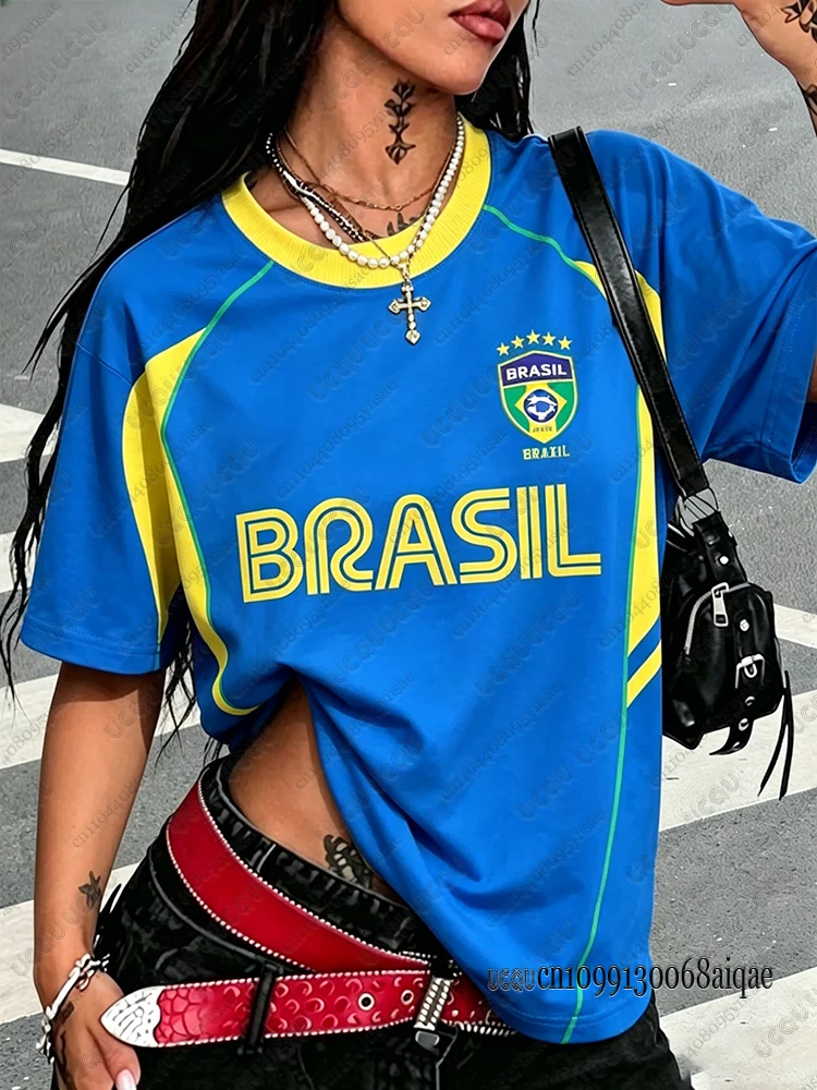 Summer New Vintage Brazil Print Women V-Neck T Shirt Patchwork Short Sleeve Sports Tees Football Jersey Y2K Loose Oversized Tops