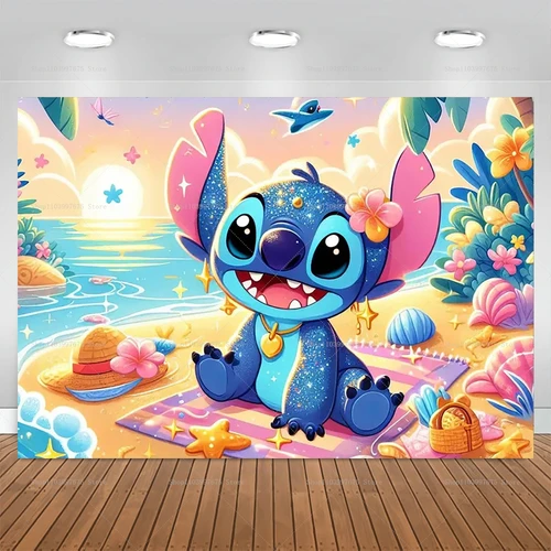 디즈니 Lilo & Stitch 파티 배경, 어린이 생일 장식, 사진 배경, 베이비 샤워 초상화 배너, 사진 부스 소품 