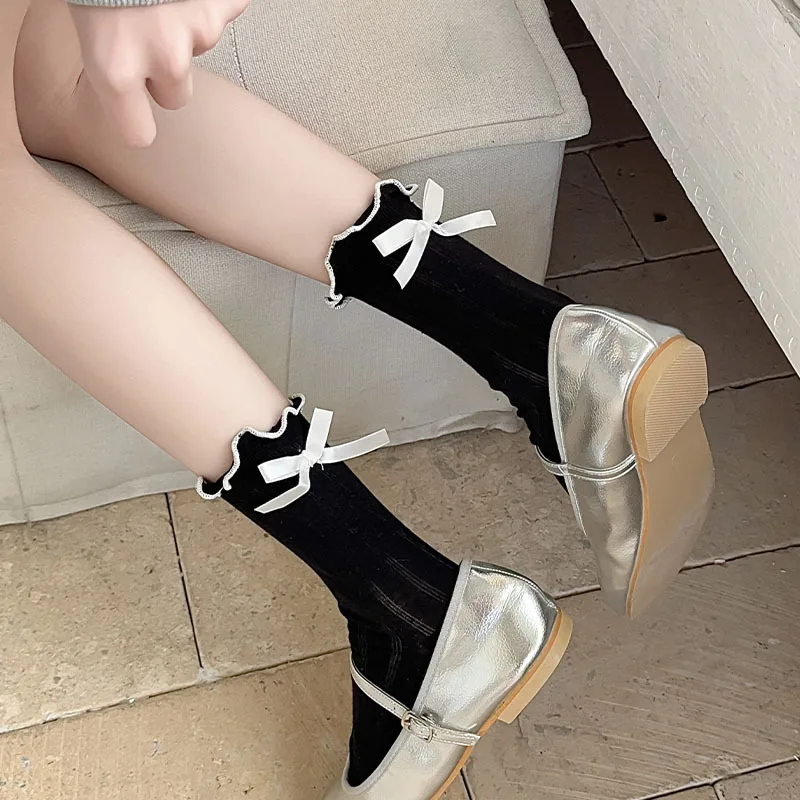 JK Japanese Style Sweet Bowknot Mid Tube Socks For Women Summer Breathable Mesh Tube Socks Girls Ballet Back Heel Bow Crew Socks