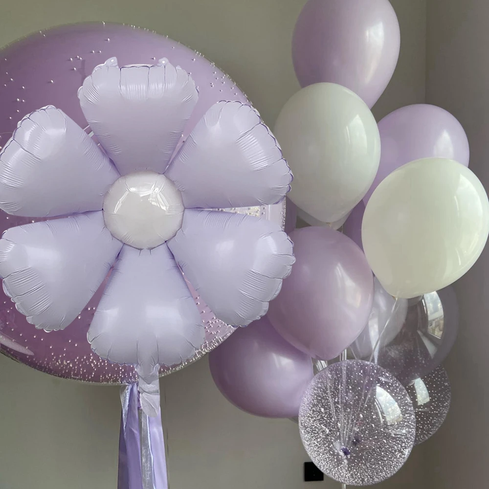 Fioletowy balon foliowy Daisy z fioletowymi balonami lateksowymi Marcon Zestaw na urodziny, rocznicę ślubu, przyjęcie Baby Shower Dekoracje