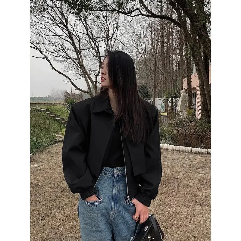 

Leather Jackets Coat Women Elegant Pure Solid Lapel Simple Ladies Fashion Autumn Winter Basic Front Pocket Elastic Hem Zipper