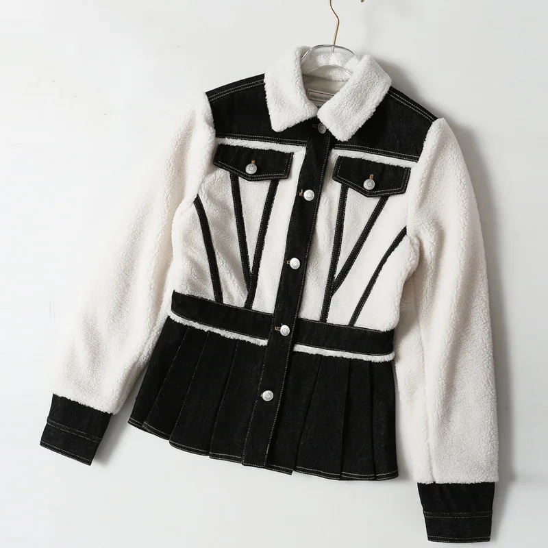 ANJY Autumn Winter New High Street Ins Contrast Color Patchwork Denim Pockets Turn-down Collar Single Breasted Ruched Coat A8021