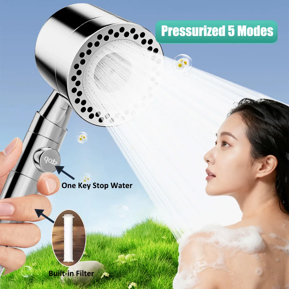 Black Silver 5 Mode High Pressure Shower Head with Filiter Stop Button Rain Massage Spa Handheld Showerhead Bathroom Accessories