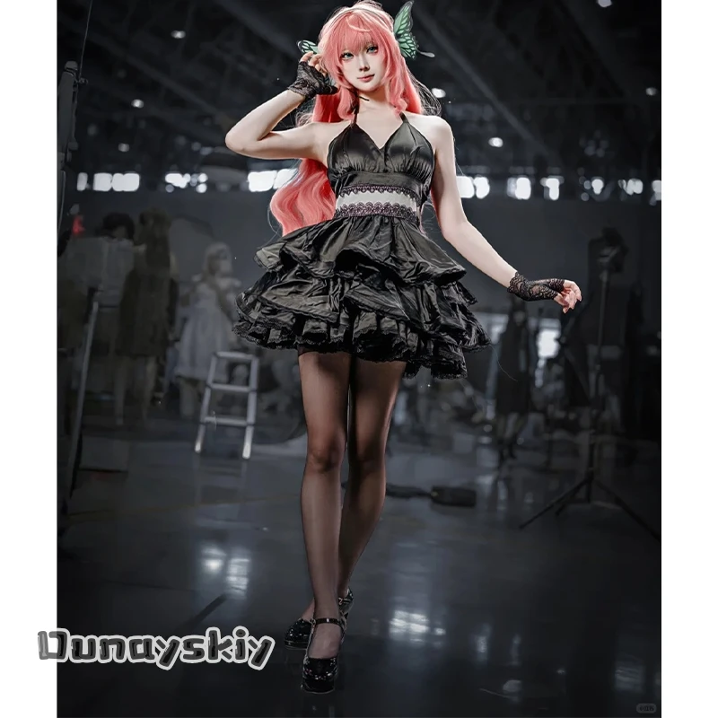 

NinoNiko*/Anime Game Project Sekai Cosplay Cat Loving Luka New Event Suit Black Lace Dress Goth Lolita Cat Earwear Bag Wigs