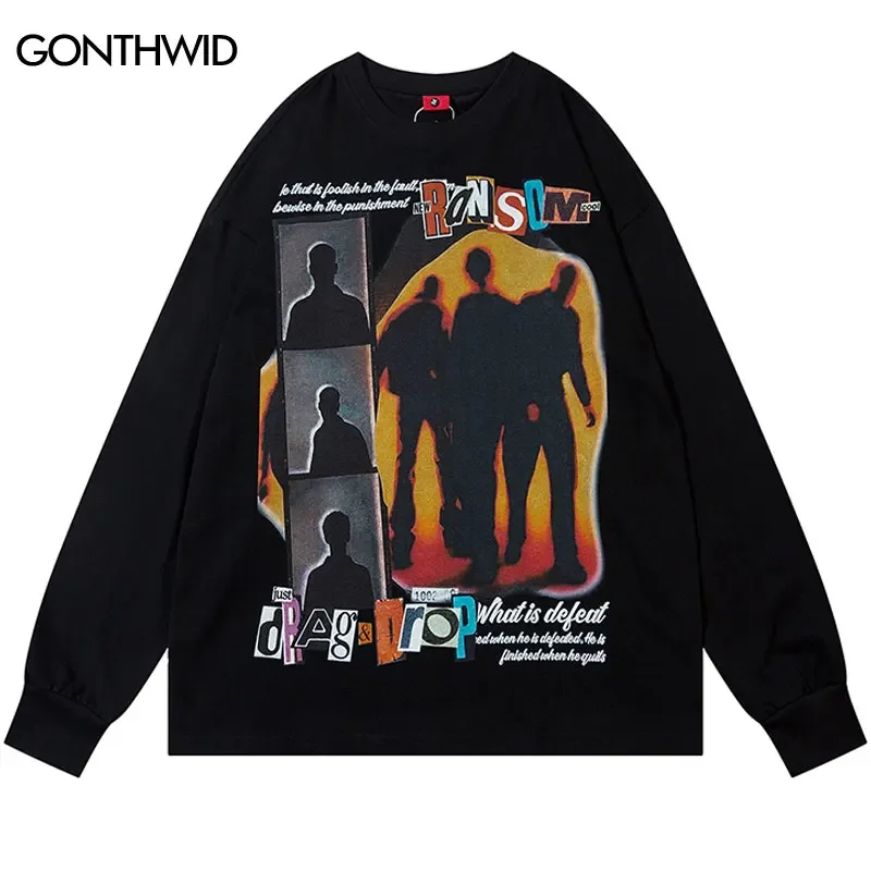 Men Oversized Shirt Vintage Shadow Graphic Printed Long Sleeve Tshirt Harajuku Hip Hop Punk Gothic Casual Cotton T-Shirts Y2K