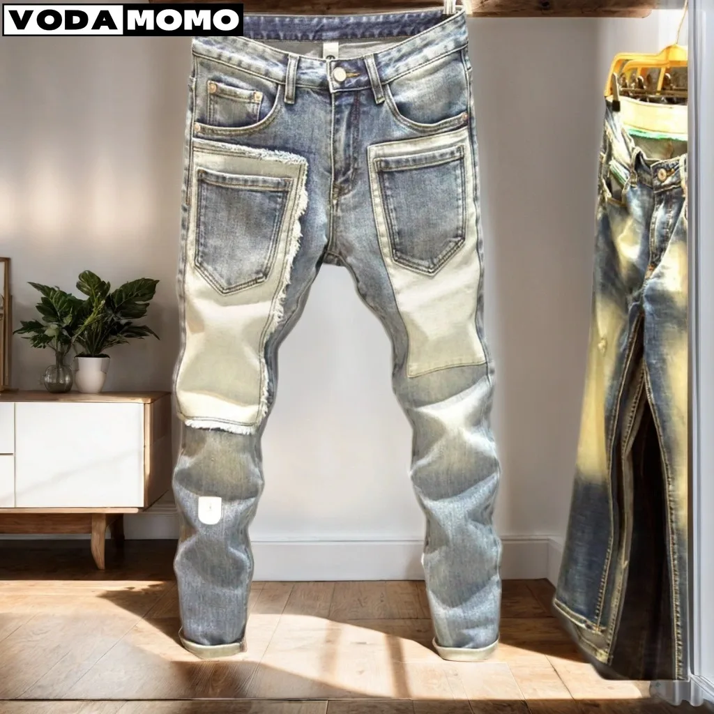 Jeans jeans reto masculino com furos, streetwear Y2K, calças cargo, calças velhas clássicas, Europa e América, 2024