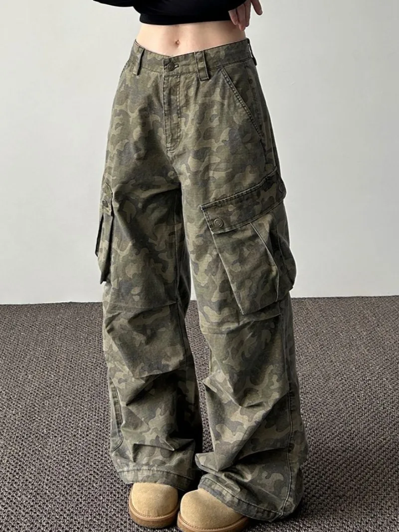 

American Stylevibe Vintage Men's Women's Trendy Brand Streetwear Straight-Leg Piled Up Feeling Long Pants Multi-Pocket Camouflag