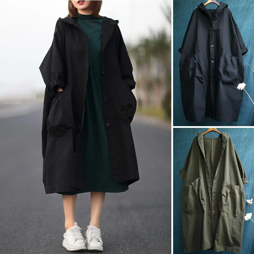 Women Mid-length Hooded Jacket Stylish Hooded Women's Cardigan Coat with Drawstring Large Pockets Mid-calf Length for Daily